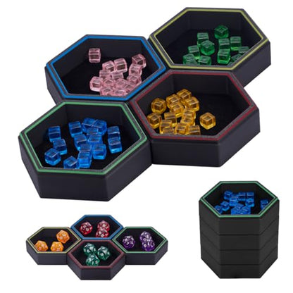Magnetic Hex Board Game Trays, Modular Stackable Token Dice Trays (4-Pack) | Built-in Magnets, Flexible Combination, Stackable For Storage, Token & Dice Organizer, 4 Colors, Modular Design