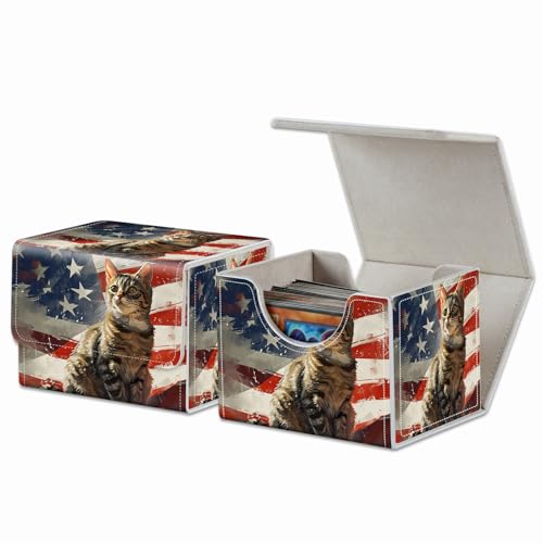 Strong Magnet Card Case Deck Box Mtg Card Box Playing Card Box Magic Deck Box Tcg Up to 200 Cards Creative Pattern Trading Card Storage Box for Collectible Card Games, Cute Cat And American Flag - color: Cute Cat And American Flag
