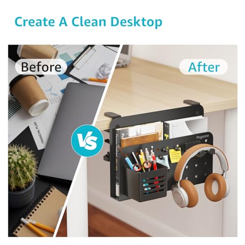 Desk Side Storage Organizer, Fits Flat Edge 0.4" to 2.2", Black | No Drill Under Desk Laptop Holder, Clamp on Desks Shelf with Pegboard Accessories, Hanging Laptop Mount - color: Black