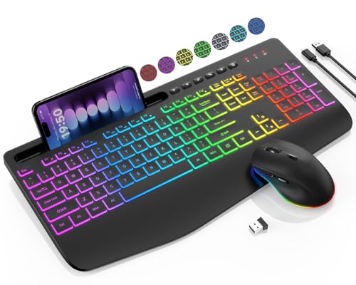 Wireless Keyboard and Mouse Combo - 9 Backlit Effects, 2.4GHz | Ergo Wrist Rest, Phone Holder, Full Size, Rechargeable, Sleep Mode, KM22 MAX Quiet Set for Computer, PC, Laptop, Mac, Windows - color: Classic Black