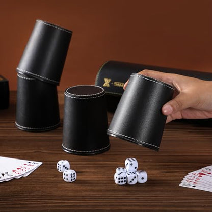 5X Dice Cup Set, PU Leather Dice Shaker Cups with 30 Dices for Bar Party Yahtzee Farkle Dice Games, Coffee (5, Black) | PU leather dice set with 5 felt-lined cups, 25 dice and storage case for Liar’s Dice, craps, backgammon and party games - color: Black