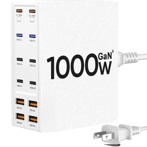 USB Charging Station (1000W),12-Port USB C Charger Block with Dual 100W PD USB-C Fast Charging Station Hub for MacBook Pro/Air/All iPad Phone 17/16 15/14/13/Pro Max/Samsung Galaxy Note(White) - color: White