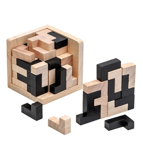 Wooden Brain Teaser Puzzle Cube Wooden Puzzles T-shaped Jigsaw Logic Puzzle Educational Toy for Kids and Adults by AHYUAN (L Shape Black and Natural) - color: L Shape Black and Natural