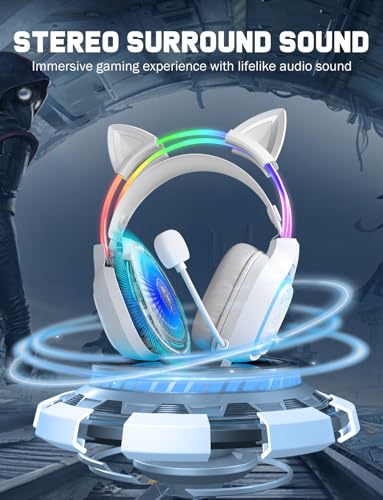 Gaming Headset with Microphone, RGB Lights, Detachable Cat Ear, Lightweight Over-Ear Headphones with Adjustable Headband for PC, PS4, PS5, Mac, Switch, Surround Sound, in-Line Control, White - color: White