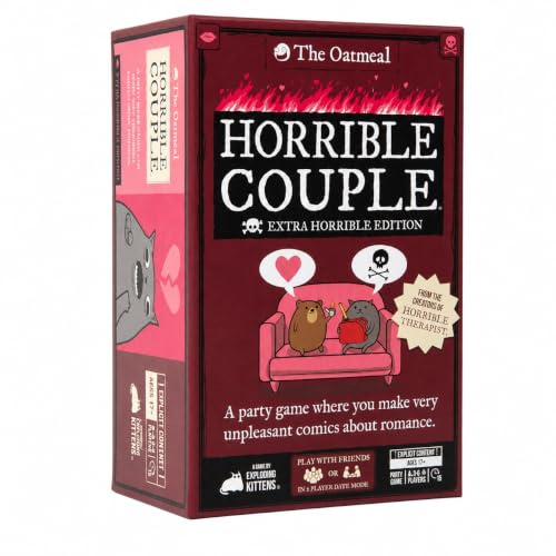 Exploding Kittens Horrible Couple Extra Horrible, 2-8 Players, 17+ | Create darkly funny comics with questions, responses, and absurd compromises. Play as a couple or with friends! Adults only! - style: Horrible Couple