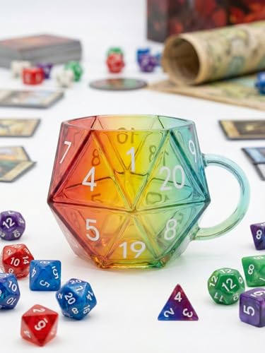 Rainbow Glass D20 Dice Mug – 12oz Iridescent Polyhedral Cup for Tabletop RPG Gaming – Unique D&D Gifts for Men, Game Masters– Novelty Coffee Dice Cup - style: Game