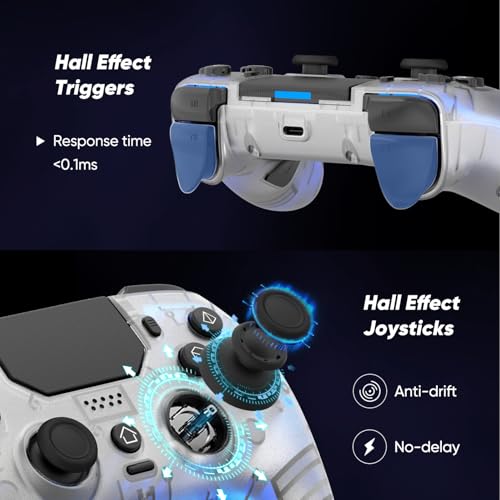 BETMI LED Wireless Controller for PS5, Pro/Slim/PC(Frosted White) | Hall Joysticks/Trigger, Marco Back Button, Turbo, Dual Vibration, 6-Axis, 3.5mm Jack, Built-in Mic/Speaker, for Steam Deck - color: Frosted White