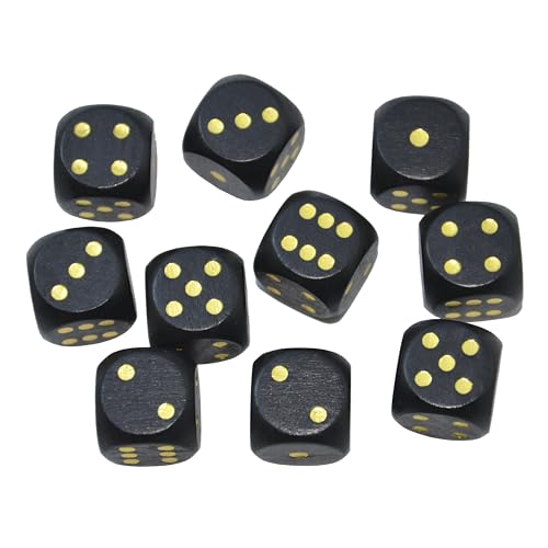 Set of 10 16MM Six Sided D6 Round Wooden Dice Set (Black) - color: Black