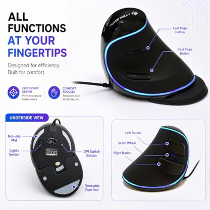 J-Tech Digital Wired Ergonomic Vertical USB Mouse with Adjustable Sensitivity (600/1000/1600 DPI), Scroll Endurance, Removable Palm Rest & Thumb Buttons [V628] - style: Wired