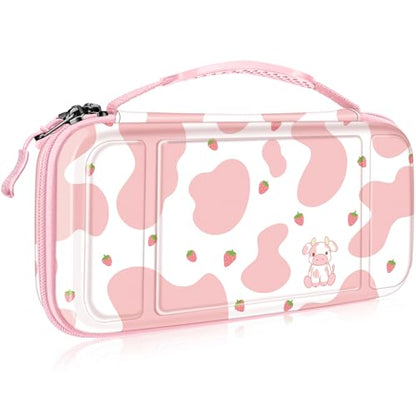 FINTIE Carrying Case for Nintendo Switch OLED Model 2021/Switch 2017, [Shockproof] Hard Shell Protective Cover Travel Bag with 10 Game Card Slots & Inner Pocket - color: strawberry cow