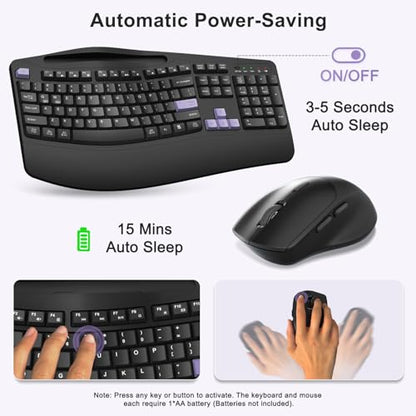 Wireless Keyboard and Mouse Combo, Full Size Ergonomic Wave Keys(Purple-B) | 2.4G Ergonomic Keyboard with Wrist Rest, Phone Holder, 3-Level DPI Silent Mouse with 6-Buttons, for Windows/Mac OS/Laptop/PC - color: Purple Black