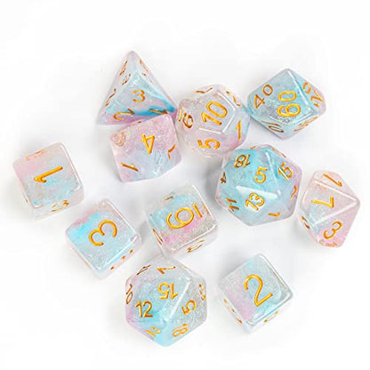 UDIXI 11-Pieces DND Dice Set D&D Polyhedral Dice Iridecent Swirls for RPG | Pink & Cyan Colors, Gold Number, Velvet Dice Bag Packaging, for Dungeons and Dragons Role Playing Games and Tabletop Games - color: 11 Piece Pink Cyan Glitter Dice