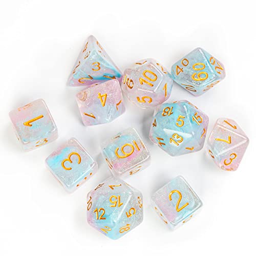UDIXI 11-Pieces DND Dice Set D&D Polyhedral Dice Iridecent Swirls for RPG | Pink & Cyan Colors, Gold Number, Velvet Dice Bag Packaging, for Dungeons and Dragons Role Playing Games and Tabletop Games - color: 11 Piece Pink Cyan Glitter Dice