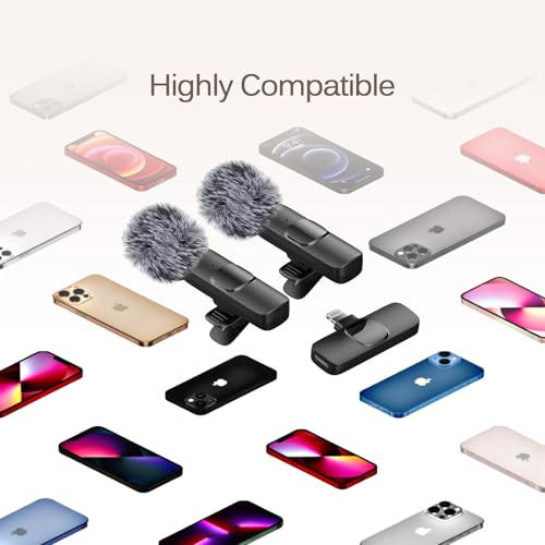 Professional Wireless Lavalier Lapel Microphone for iPhone, iPad, Mini Video Recording Mic for Interview Video Podcast Vlog YouTube & Livestream, Noise Reduction, Plug & Play ，2 Pack (Lightning Port)