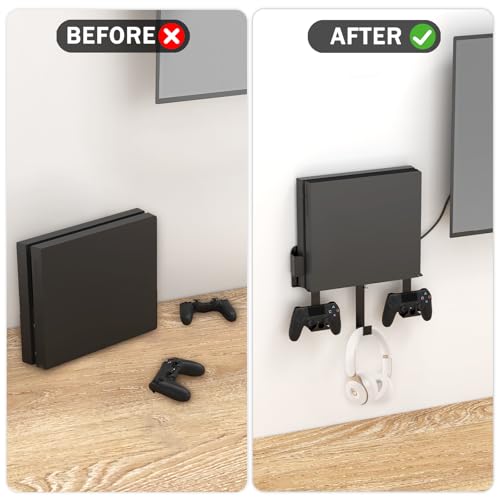 Wall Mount Bracket Compatible for PS4 Slim,PS4 Slim Wall Mount Holder | with Detachable 2 Controller Holder & Headphone Hanger,Mount on The Wall or The Back of The TV