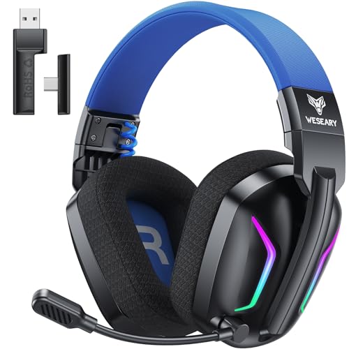 WESEARY Wireless Gaming Headset for PS5, PC, Switch & Mac| 2.4GHz -1200mAH | Bluetooth 5.4 Gaming Headphones with Mic, 20ms Ultra-Low Latency, 50H Battery Life, 3D Spatial Audio, Dynamic Lighting - color: Aurora Blue