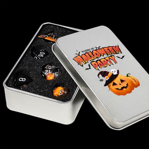 Halloween Pumpkin Theme DND Dice Set, 7 Pieces Polyhedral Resin Dice with Metal Storage Box, Orange and Black