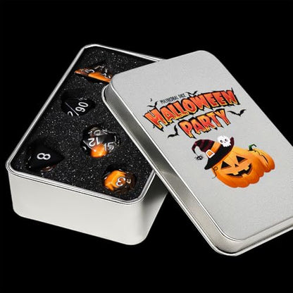 Halloween Pumpkin Theme DND Dice Set, 7 Pieces Polyhedral Resin Dice with Metal Storage Box, Orange and Black