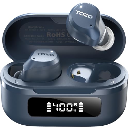TOZO NC9 Hybrid Active Noise Cancelling Wireless Earbuds, 60H, LED Display | 6 Mic ENC Clear Calls, Deep Bass Sound, IPX8 Waterproof, in Ear Bluetooth 5.3 Headphones,32 EQs via APP, Comfort Fit Ear Buds - color: Blue