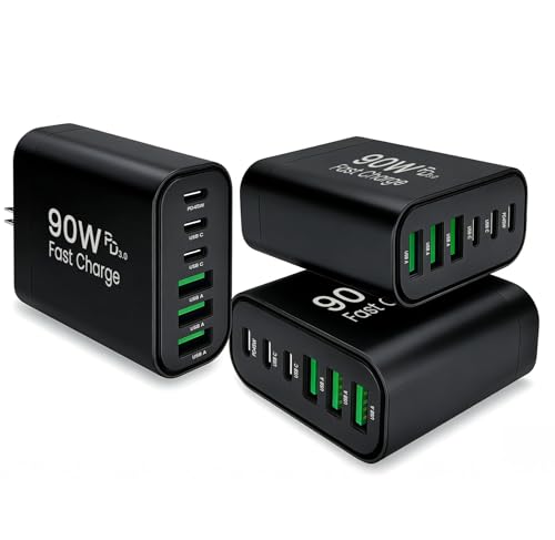 90W GaN USB C Charger Block [3 Pack],6-Port USB C Wall Charger Fast Charging 45W PD Power Adapter for MacBook Air/iPad Pro/iPhone 17Pro Max/Samsung Galaxy S24 Ultra/Tabs for Home Travel - color: Black, size: Three