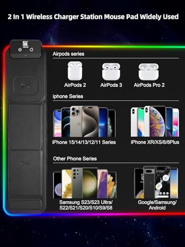 XXL Mouse Pad with Phone Holder - Black, RGB Desk Mat with 15W Fast Charging, LED Gaming Mousepad with 11 Light Colors, Waterproof Non-Slip Pad for Office & Home (Black with PD Adapter) - color: Black with PD Adapter