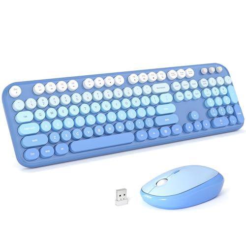 KNOWSQT Wireless Keyboard Mouse Combo - Lovely Blue-Gradient Rainbow Full-Sized Typewriter Colorful Keyboards, Round Keycap Plug Play Retro Cute Keyboards for Windows, Laptop, PC, Desktop, Computer - color: Lovely Blue-Gradient