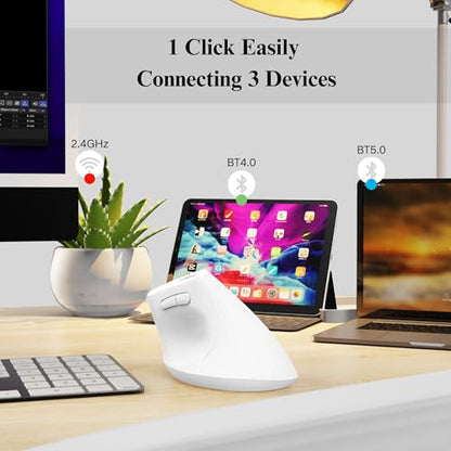 Uineer Vertical Ergonomic Mouse, Wireless Bluetooth Mouse, 3-Device,Quiet | Switch among 3 devices; side scroll wheel supports horizontal navigation for documents and spreadsheets. - color: White