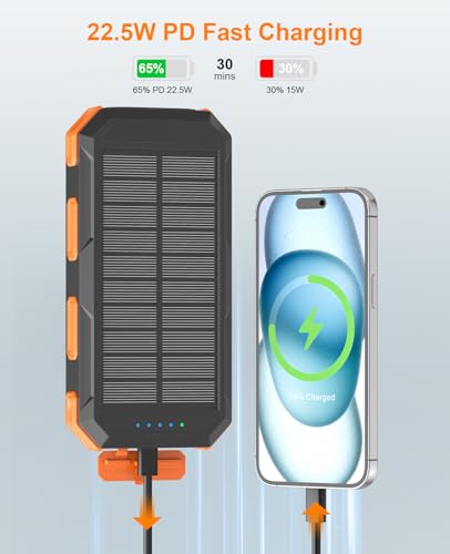 Solar Charger Power Bank 38800mAh, 22.5W USB-C Fast Charging Portable Charger with 4 Built-in Cables, External Battery Pack with Dual LED Emergency Flashlights for Camping, Hiking, Outdoor Use