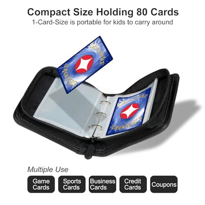 GEAoffice Small 1 Pocket Mini Trading Card Binder Holds 80 Cards, Black | Lightweight, 40 Removable Acid-free & Non-PVC Sleeves, Premium PU Leather, Zip Close Card Binder for TCG, MTG, Sports&Games - color: Black-Dia