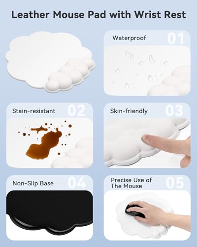 Wrist Rest for Keyboard and Mouse for Desktop, Keyboard Riser and Mouse Pad | PU Leather, Cloud Shaped, Ergonomic Angle Adjustable Arm Rest, Soft Wrist Support, Waterproof - color: White