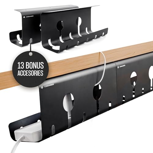 COREMINDED No-Drill Under Desk Cable Management Tray, 2-Pack, Large | Wire & Cord Organizer for Standing Desk or Table, Power Strip Holder, Hides Cables, Home Office Cord Hider, Carbon Steel - size: Large