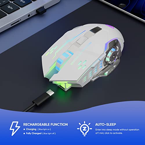 MELOGAGA Wireless Gaming Mouse Bluetooth/2.4G RGB Rechargeable -White | Bluetooth/2.4G Dual Modes, Silent Clicks, 7-Color Backlit, 6 Buttons, Rechargeable Battery for PC, Mac, Laptop, Chromebook - color: White