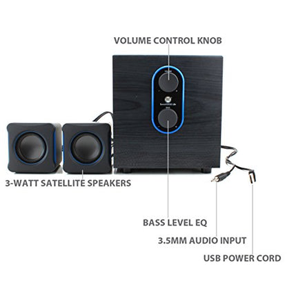 GOgroove SonaVERSE LBr 2.1 Computer Speakers with Subwoofer - USB Powered PC Speaker System with 3.5mm AUX Audio Input, Bass/Volume Control Knobs, 11W RMS - Compact Size for Desktop, Laptop, Desks