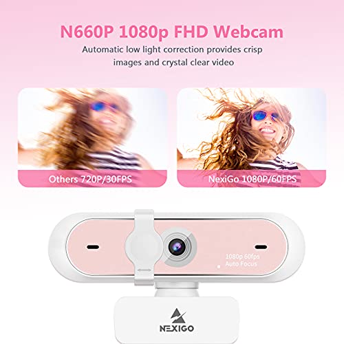 NexiGo N660P 1080P 60FPS Webcam with Software Control, Dual Microphone & Cover, Autofocus, HD USB Computer Web Camera, for OBS/Zoom/Skype/FaceTime/Teams/Twitch, Pink - size: 1080P 60FPS Webcam Pink