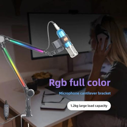 RGB Microphone Arm Stand, Metal Adjustable Desktop with 22 Color Modes and Large Damping Knob, for Gaming Streaming Podcasting