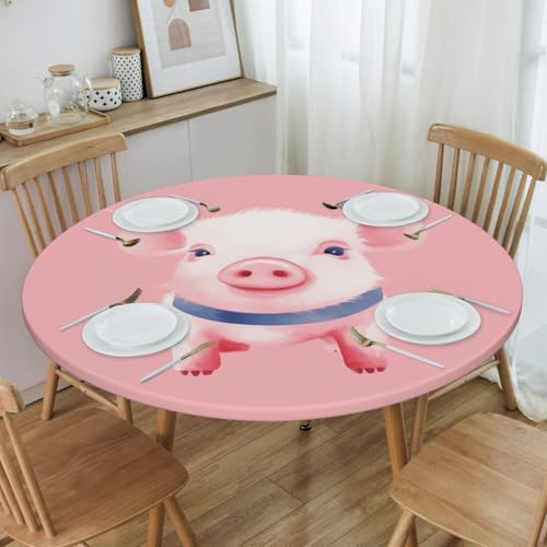 Famame Cute Pink Pig Fitted Round Tablecloth Waterproof Table Cloth with Elastic Edge Wipe Clean Table Covers for Indoor Outdoor Fits 45"-50", Medium - color: Pink Pig