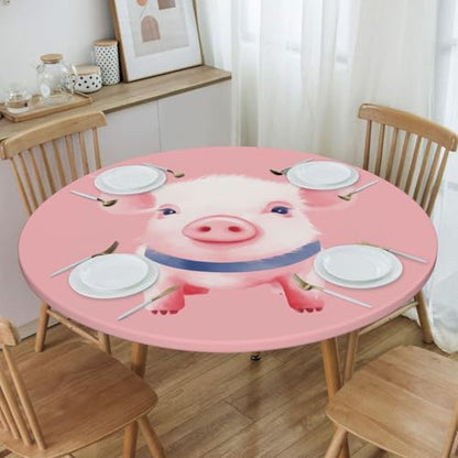 Famame Cute Pink Pig Fitted Round Tablecloth Waterproof Table Cloth with Elastic Edge Wipe Clean Table Covers for Indoor Outdoor Fits 45"-50", Medium - color: Pink Pig