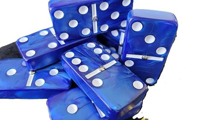 Marion Domino Double Six Dark Blue Marbleized Jumbo Tournament Professional Size with Spinners in Dovetail Sheesham Wood Box. - color: Blue Marbleized
