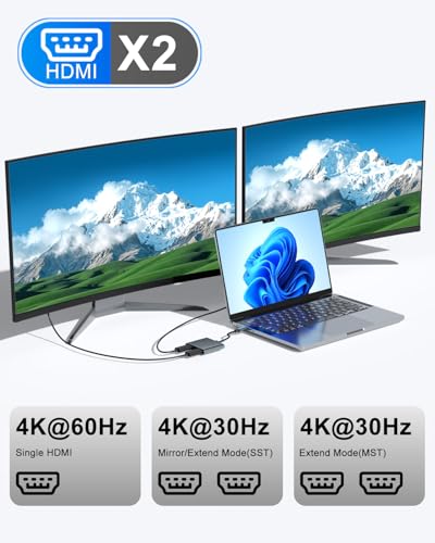 USB C to Dual HDMI Adapter 4K@60Hz, 4-in-1 HDMI Splitter for Dual Monitors, 100W PD Charging, USB A Port, Docking Station for MacBook/LenovoYoga/Thinkpad, XPS and More (macOS only Support SST Mode)
