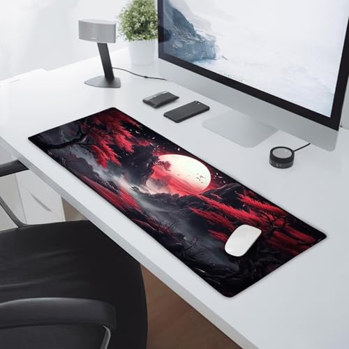 Black Red Japanese Mouse Pad XL Moon Sakura Cherry BLoosm Tree Extended Table Mat 80X30 cm Non-Slip Rubber Base Stitched Edge Large XL Mousepad for Desk Gaming Laptop Desk Top,31.5×11.8 Inch - color: Black Red Japanese-a, size: 31.5 x 11.8 inches