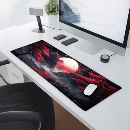Black Red Japanese Mouse Pad XL Moon Sakura Cherry BLoosm Tree Extended Table Mat 80X30 cm Non-Slip Rubber Base Stitched Edge Large XL Mousepad for Desk Gaming Laptop Desk Top,31.5×11.8 Inch - color: Black Red Japanese-a, size: 31.5 x 11.8 inches
