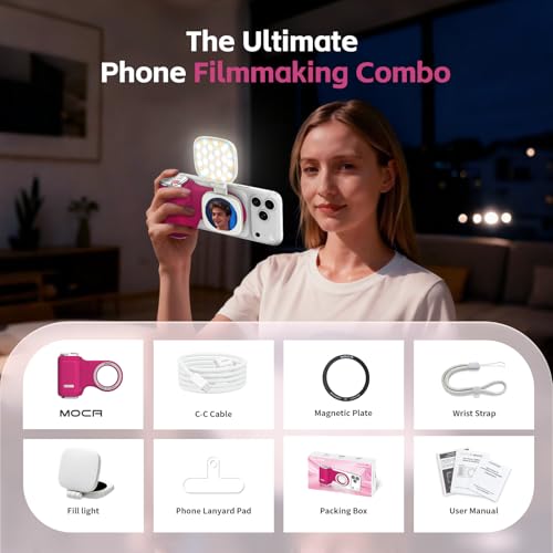 COMITOK iPhone Camera Grip MOCA with Magnet Fill Light & Mirror for 17 Pro iOS26 Native Camera, Fun Shot Magnetic Grip for Phone Compatible iOS17 and iOS18 with Anti-Drop Detachable Remote & Keychain - color: Fuchsia