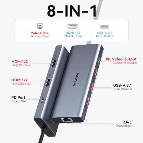 USB C Docking Station Dual HDMI Monitors Adapter USB C Hub 2 HDMI+Video 8K | Laptops Docking Station 3 Monitors USB C to 2 HDMI with Alt Mode Video Output HDMI 3*10G USB Port PD Ethernet for Dell HP