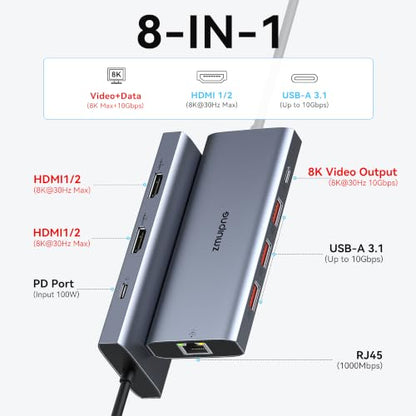 USB C Docking Station Dual HDMI Monitors Adapter USB C Hub 2 HDMI+Video 8K | Laptops Docking Station 3 Monitors USB C to 2 HDMI with Alt Mode Video Output HDMI 3*10G USB Port PD Ethernet for Dell HP