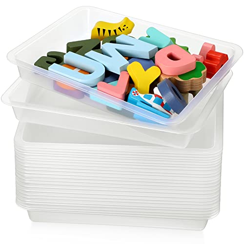 Maitys 24 Pcs Classroom Art Trays Plastic Activity Tray for Kids Craft Stackable Shallow Storage Organizer Serving for DIY School Books Home Painting Projects 9.45 x 7.1 x 1.38 Inch(Clear) - color: Clear