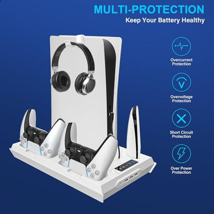 Cooling Station for PS5 with Dual Controller Charging Station, Stand for PS5 Slim Console, Headset Holder, 4 USB Hub & USB-C Port - All-in-One Accessories Organizer, White