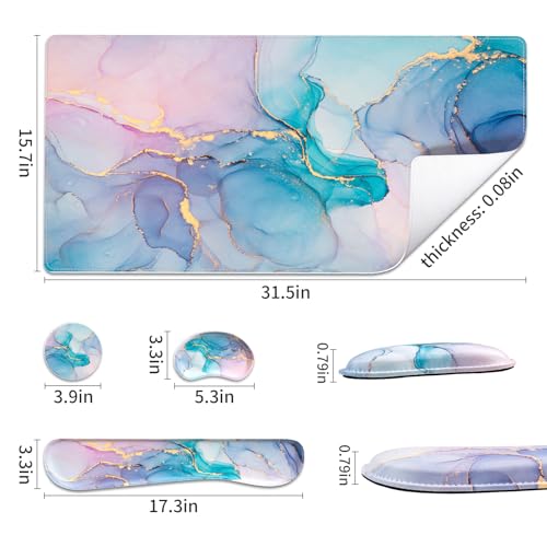 QIYI PU Leather Desk Mat Set, 4-in-1 Ergonomic Wrist Rest, Blue Pink Fluid | Waterproof Large Mouse Pad 31.5×15.7 + Keyboard Wrist Rest + Mouse Wrist Support+Coaster, Non-Slip Office Gaming Accessories - color: Blue Pink Fluid