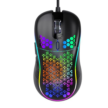 DC G40U Wired Gaming Mouse, RGB Honeycomb Ergonomic Design, 4 DPI Levels (1200/2400/4800/7200), Optical Sensor, Plug and Play, Compatible with PC, Mac, Tablet (Black) - color: Black