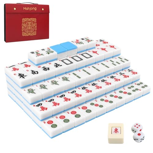 Mahjong Tile Set, 146pcs Professional Chinese Mahjong Set with Instruction Manual, Premium Mah Jongg Sets with Storage Box, 1.4" Mah Jong Tiles Easy to Grab, Game for Gathering, Party, Camping - color: Blue