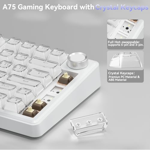 SOLAKAKA A75 Wireless Gaming Keyboard with Multifunction Knob, BT5.0/2.4GHz/USB-C, 75% Mechanical Keyboard, Hot-Swappable, Gasket Creamy Keyboard with RGB Backlit, Crystal Keycaps, for PC/Mac/PC - color: Crystal-White